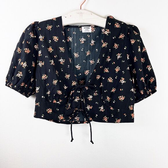 Cotton On Short Puff Sleeve Crop Top Medium Black Floral Boho Festival Tie Front - Picture 2 of 5